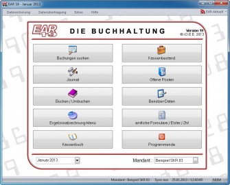 Die Finanzbuchhaltung EAR 19 startet mit einem einfachen Menü, über das Buchungen, offene Posten, Formulare, Auswertungen und dergleichen sofort erreichbar sind. (Screen: i.D.E.E Design).
