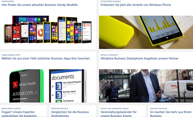 Nach der Übernahme des Mobiltelefongeschäfts von Nokia kann Microsoft auch bei der Hardware aus dem Vollen schöpfen. Der Screenshot zeigt die Nokia-Seite mit den Smartphones für Unternehmen.
