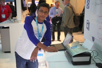  Shubham Banerjee with his self-developed Braille printer at the Intel Developer Forum in September (Photo: Braigo Labs). 