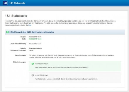Kunden von 1&1 mussten heute rund drei Stunden lang ohne Mail-Versand auskommen (Screenshot: ITespresso)