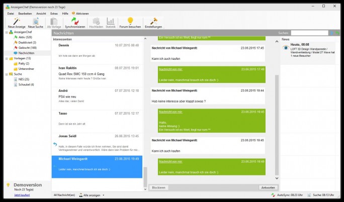 Die Kommunikation mit Interessenten kann beim AnzeigenChef direkt aus der Software heraus abgewickeklt werden (Screenshot: Michael Geschwill).