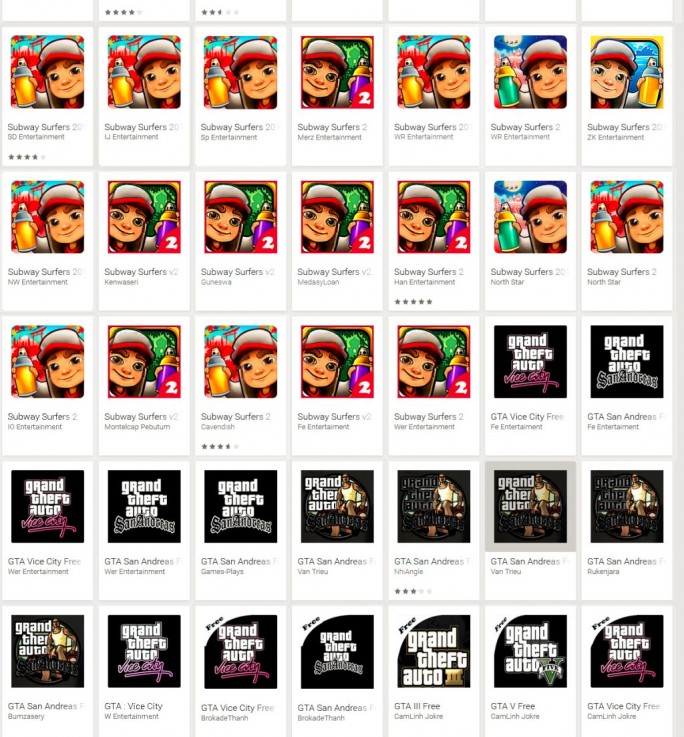Über 300 Apps, die sich als kostenlose Version beliebter Spiele wie Subway Surfer oder Grand Theft Auto ausgeben, rufen tatsächlich im Hintergrund lediglich Porno-Webseiten auf (Screenshot: Eset)