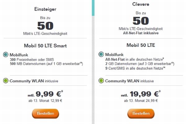 Tele Columbus bietet neben dem bestehenden Tarif Mobil 50 LTE ab sofort auch den Einsteigertarif Mobil 50 LTE Smart an (Screenshot: ITespresso).