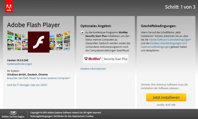 Eine vergleichsweise harmlose Form des Pay-per-install praktiziert Adobe bei seinem Flash Player, wo seit geraumer Zeit diverse Intel-Software mitgeliefert wird, wenn Nutzer vor dem Download das Häkchen nicht entfernen. (Screenshot: silicon.de) Eine vergleichsweise harmlose Form des Pay-per-install praktiziert Adobe bei seinem Flash Player, wo seit geraumer Zeit diverse Intel-Software mitgeliefert wird, wenn Nutzer vor dem Download das Häkchen nicht entfernen. (Screenshot: silicon.de)