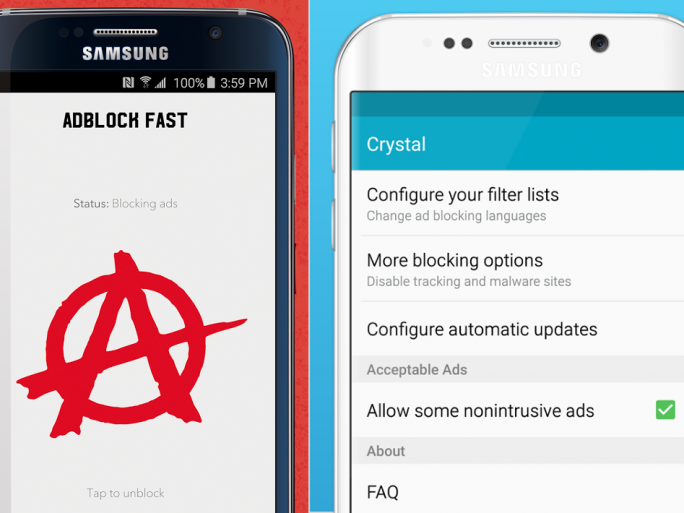 Adblock Fast und Crystal liegen bereits als Erweiterungen für den Android-Browser "Samsung Internet 4.0" vor (Bild: Adblock Fast/Crystal).